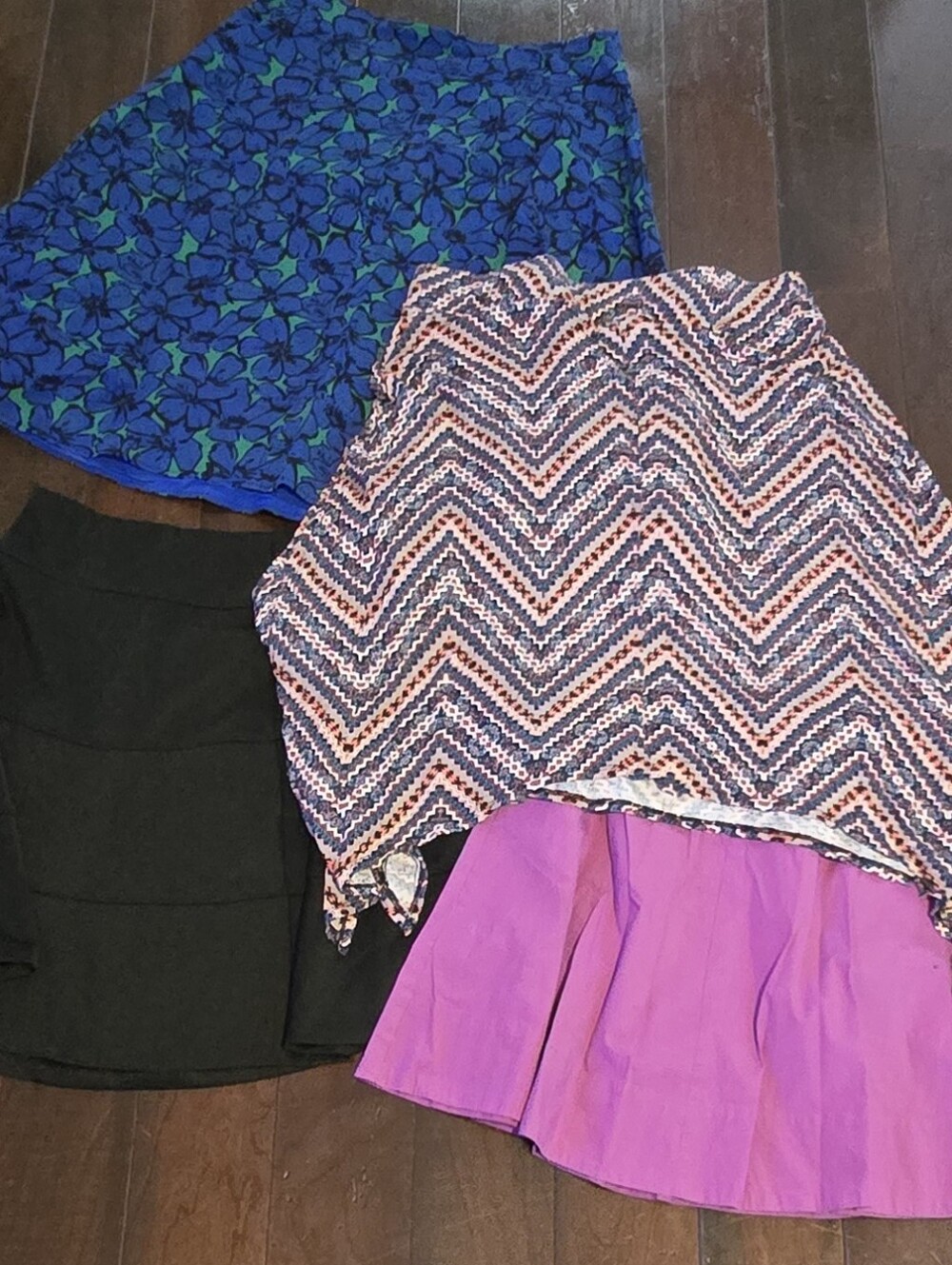 Women's Plus Size Skirt Bundle-Blue Floral, Chevron Multi, Black, Bright Purple